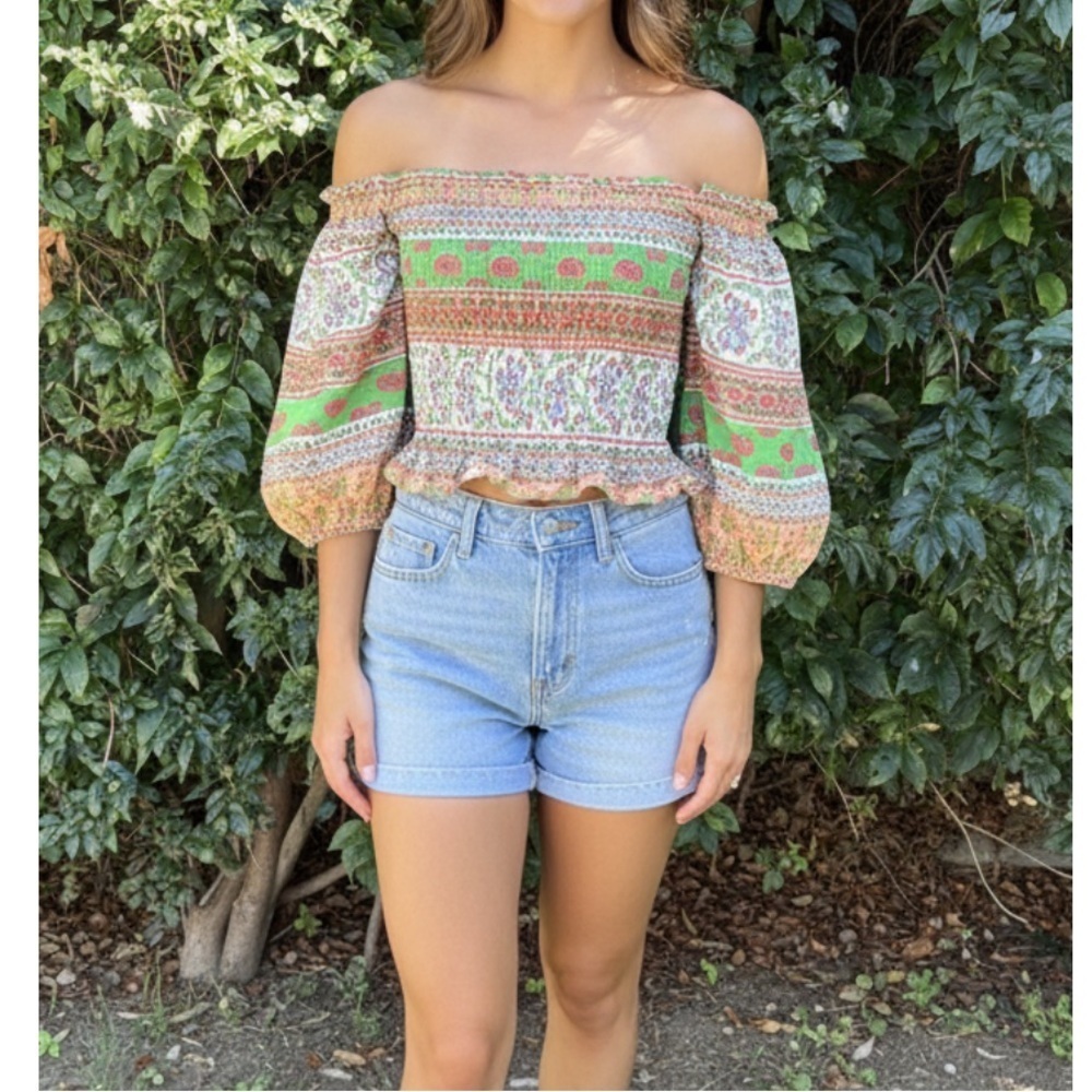 Zara Festival Boho Bohemian Top Colorful Green Orange Ivory Off The Shoulder